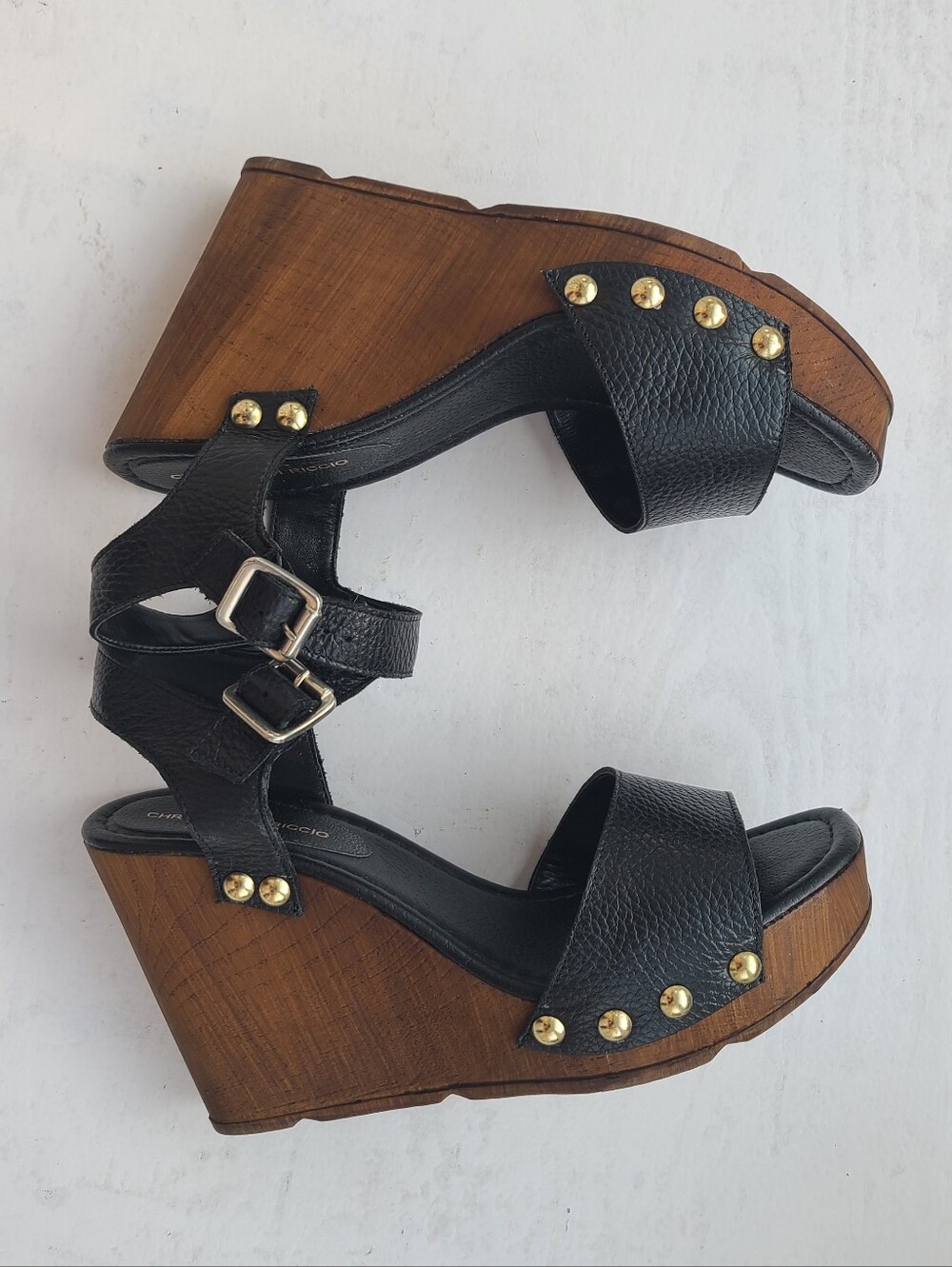 🌟Christian Di Riccio Black Studded Leather Wedge Sandals Size 8 EU 39 Italy - Picture 6 of 9
